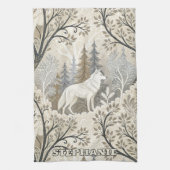 Tranquil Winter Forest Scene with White Wolves キッチンタオル (縦)