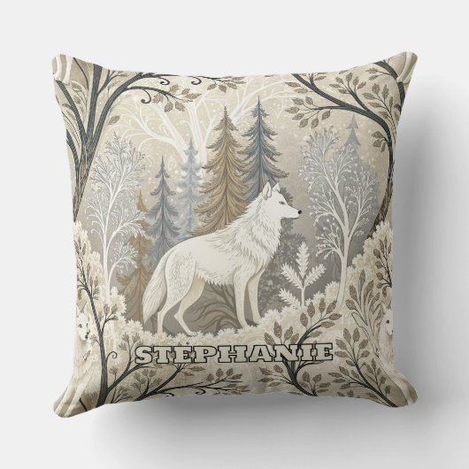Tranquil Winter Forest Scene with White Wolves クッション (裏面)