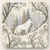 Tranquil Winter Forest Scene with White Wolves コースター (正面)