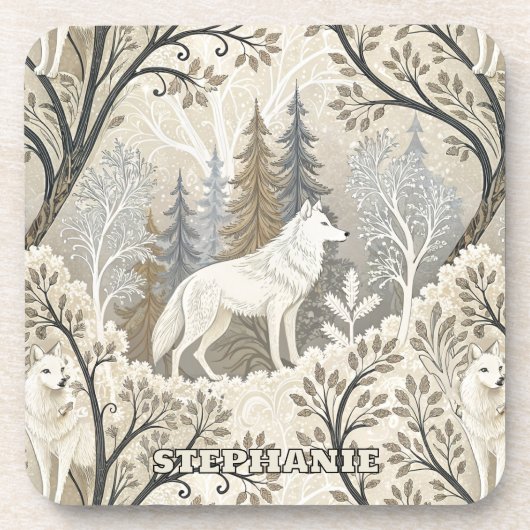 Tranquil Winter Forest Scene with White Wolves コースター (正面)