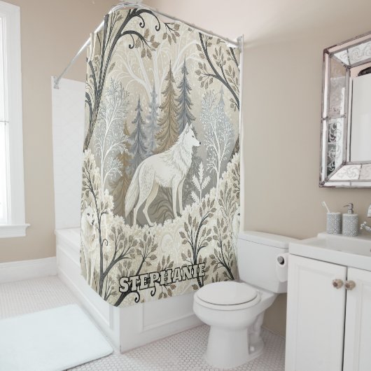 Tranquil Winter Forest Scene with White Wolves シャワーカーテン (インサイチュ)