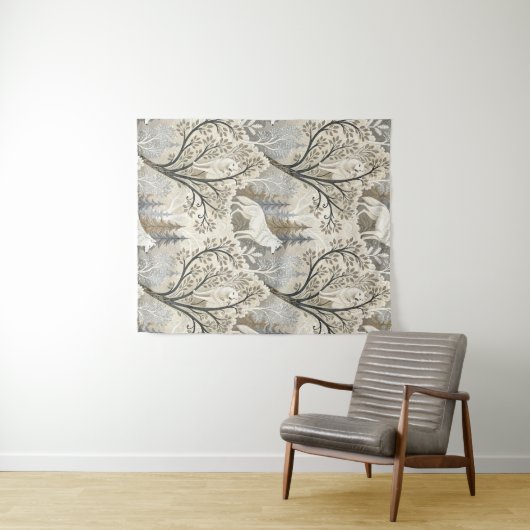 Tranquil Winter Forest Scene with White Wolves タペストリー (インサイチュ(横))