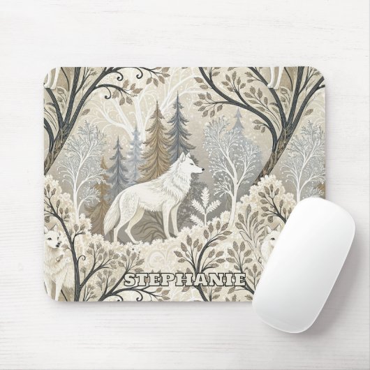 Tranquil Winter Forest Scene with White Wolves マウスパッド (マウス)