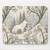 Tranquil Winter Forest Scene with White Wolves マウスパッド (正面)