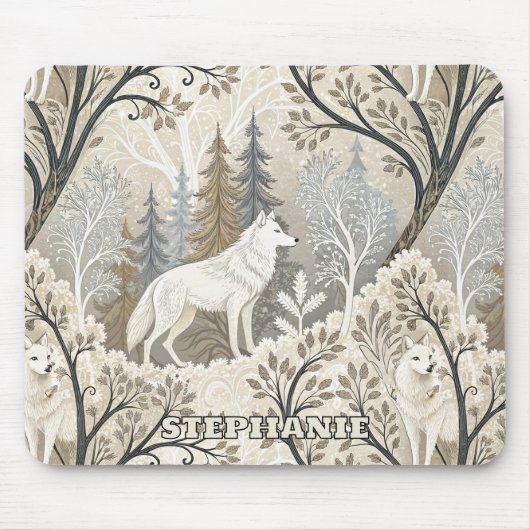 Tranquil Winter Forest Scene with White Wolves マウスパッド (正面)