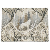 Tranquil Winter Forest Scene with White Wolves ラージペーパーバッグ (正面)