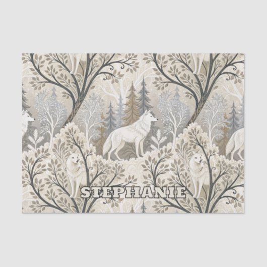 Tranquil Winter Forest Scene with White Wolves 薄葉紙 (正面)