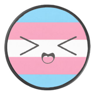 trans flag with cute excited face hockey puck アイスホッケーパック