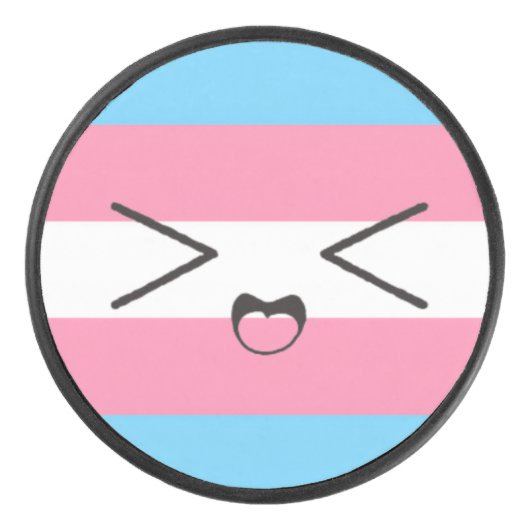 trans flag with cute excited face hockey puck アイスホッケーパック (正面)