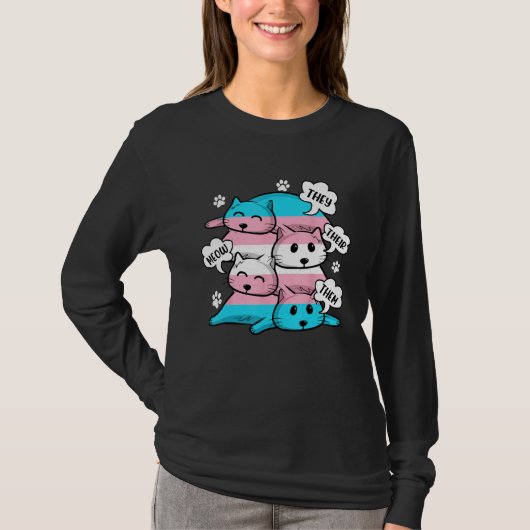Transgender Flag They Their Them Meow Cat LGBT Tシャツ (正面)