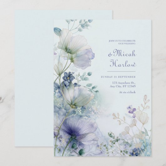 Translucent Periwinkle Misty Botanical Border 招待状 (正面/裏面)