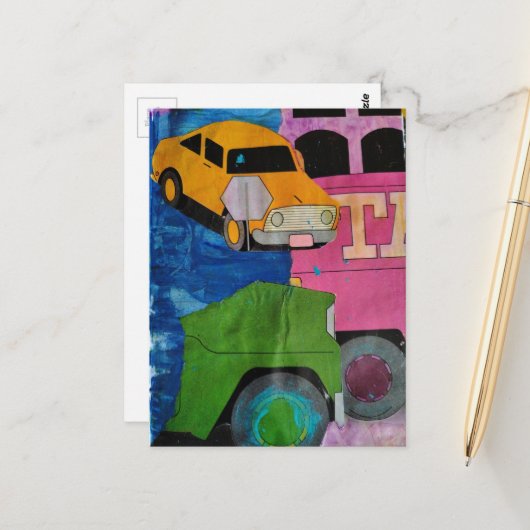 Transportation bright colors mixed media collage ポストカード (正面/裏面インサイチュ)