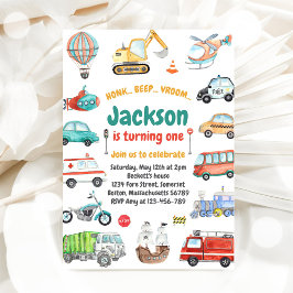 Transportation City Cars and Truck Boy Birthday 招待状