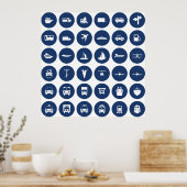 Transportation Icons Symbols In Blue ポスター (キッチン)