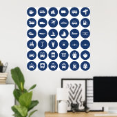Transportation Icons Symbols In Blue ポスター (ホームオフィス)