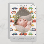 Transportationin City Cars少年の誕生のお知らせ 招待状 (正面/裏面)