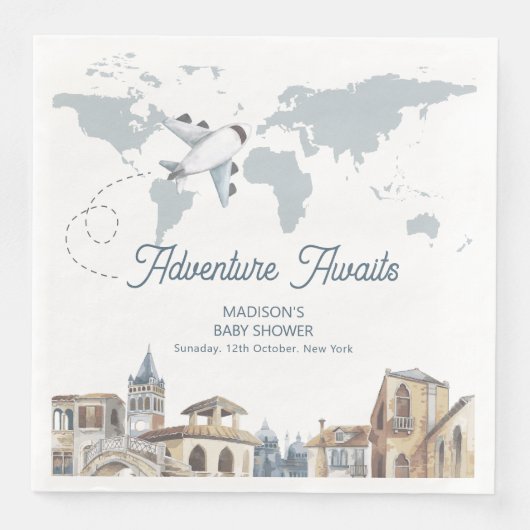 Travel Adventure World Map Airplane Baby Shower  (正面)