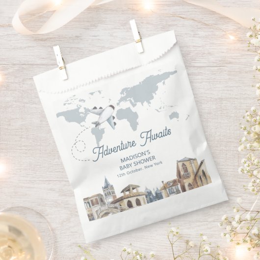 Travel Adventure World Map Airplane Baby Shower フェイバーバッグ (クリップ留めされた状態)