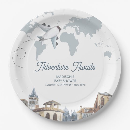 Travel Adventure World Map Airplane Baby Shower  ペーパープレート (正面)