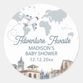 Travel Adventure World Map Airplane Baby Shower ラウンドシール