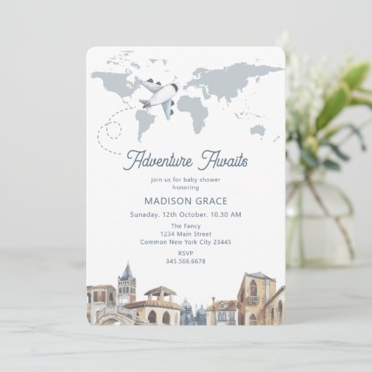 Travel Adventure World Map Airplane Baby Shower 招待状 (スタンド正面)