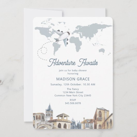 Travel Adventure World Map Airplane Baby Shower 招待状 (正面)