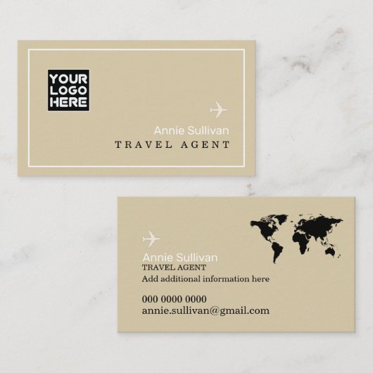 Travel Agent Logo Plane World Map Beige 名刺 (正面/裏面)