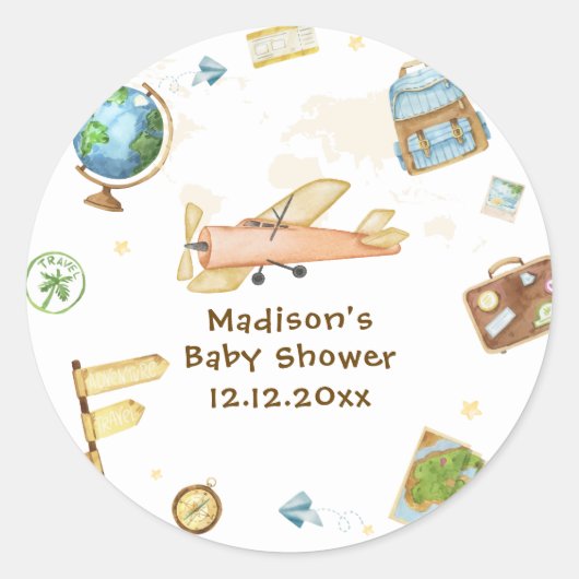 Travel Around The World Airplane Baby Shower  ラウンドシール (正面)