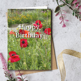 Travel Birthday Red Poppy Flowers Fun Photo  カード