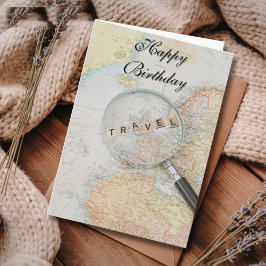 Travel Birthday Vintage Map Magnifying Glass Fun カード