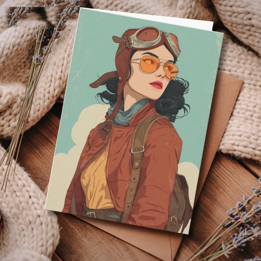 Travel Birthday Vintage Retro Aviator Girl カード