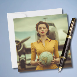 Travel Birthday Vintage Retro Woman Airplane Chic カード