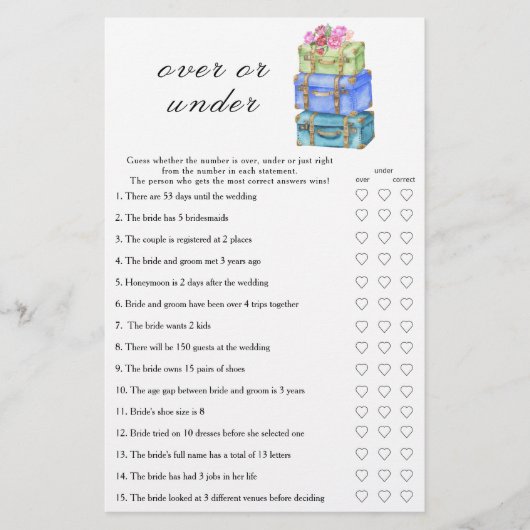 Travel Bridal shower  Over or under game (正面)