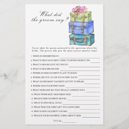 Travel Bridal shower What did the groom say game (正面)