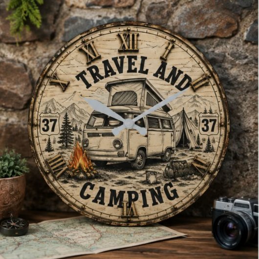 Travel Camping Camper Van Gift for Travel Lovers ラージ壁時計