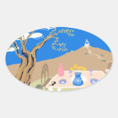 Travel keepsake Greek afternoon olive tree scene 楕円形シール (正面)