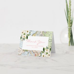 Travel Theme Baby Shower Pink Map Thank You  サンキューカード