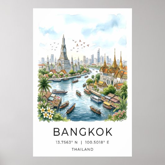 Travel Watercolor Print, Bangkok Skyline and ポスター (正面)