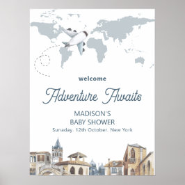 Travel World Map Airplane Baby Shower Welcome ポスター