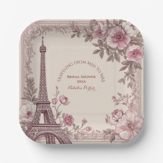 Traveling from Miss to Mrs Bridal Shower Paris  ペーパープレート (正面)