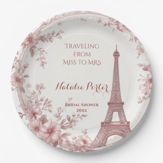 Traveling from Miss to Mrs Bridal Shower Paris Art ペーパープレート (正面)