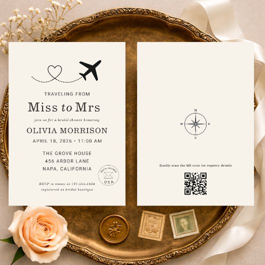 Traveling From Miss to Mrs QR Code Bridal Shower 招待状