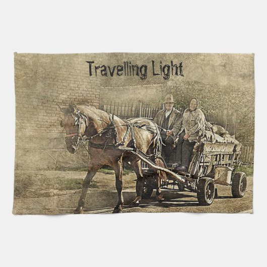 Travelling Light Old Couple on Wagon キッチンタオル (横)