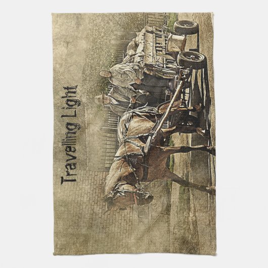 Travelling Light Old Couple on Wagon キッチンタオル (縦)
