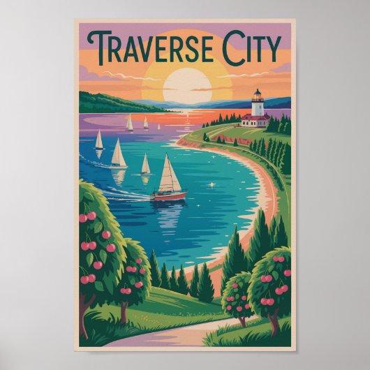 Traverse City Lake Michigan Illustration Travel ポスター (正面)