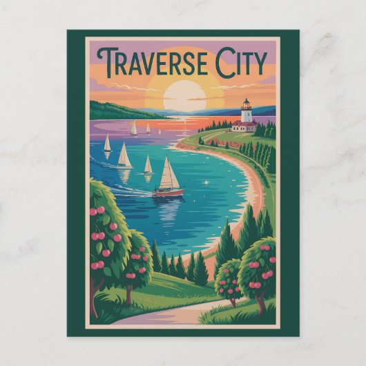 Traverse City Lake Michigan Illustration Travel ポストカード (正面)