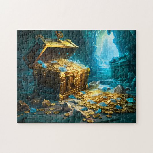 Treasure Chest in Cave Light Fantasy Painting ジグソーパズル (横)