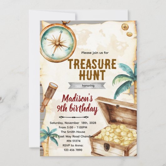 Treasure hunt birthday party theme invitation 招待状 (正面)