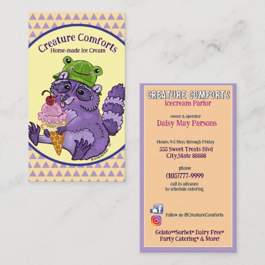 Treat Yourself, Purple Raccoon with Icecream 名刺 (正面/裏面)