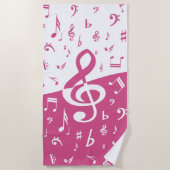 Trebleクレフ、 音符記号ウェーブミュージックノート(ピンクと白) ビーチタオル (正面)